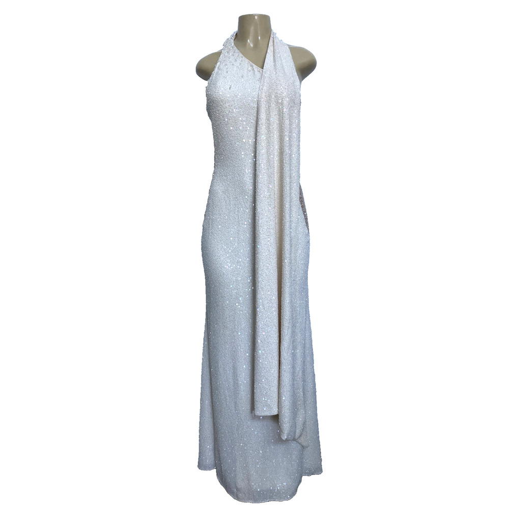 Mark Zunino One Shoulder Gown Maxi Dress Beaded Sleeveless Sheath Sequin…
